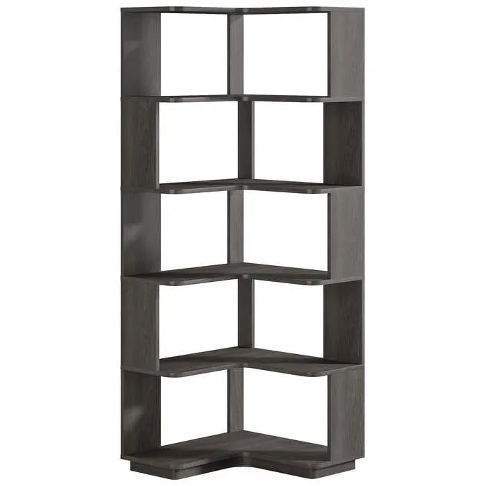 Multifunctional 6 Shelf Corner L-Shaped Bookcase in Dark Grey Wood Finish by HomePacific