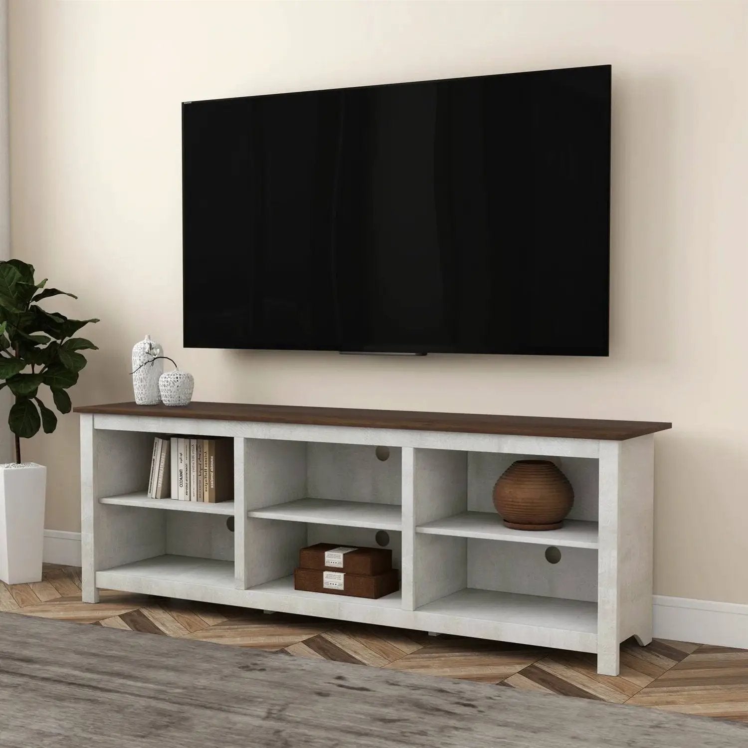 Farmhouse TV Stand in Grey Oak with Brown Wood Finish Top for TVs up to 70-inch by HomePacific