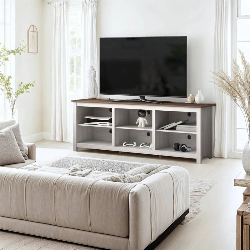 Farmhouse TV Stand in Grey Oak with Brown Wood Finish Top for TVs up to 70-inch by HomePacific