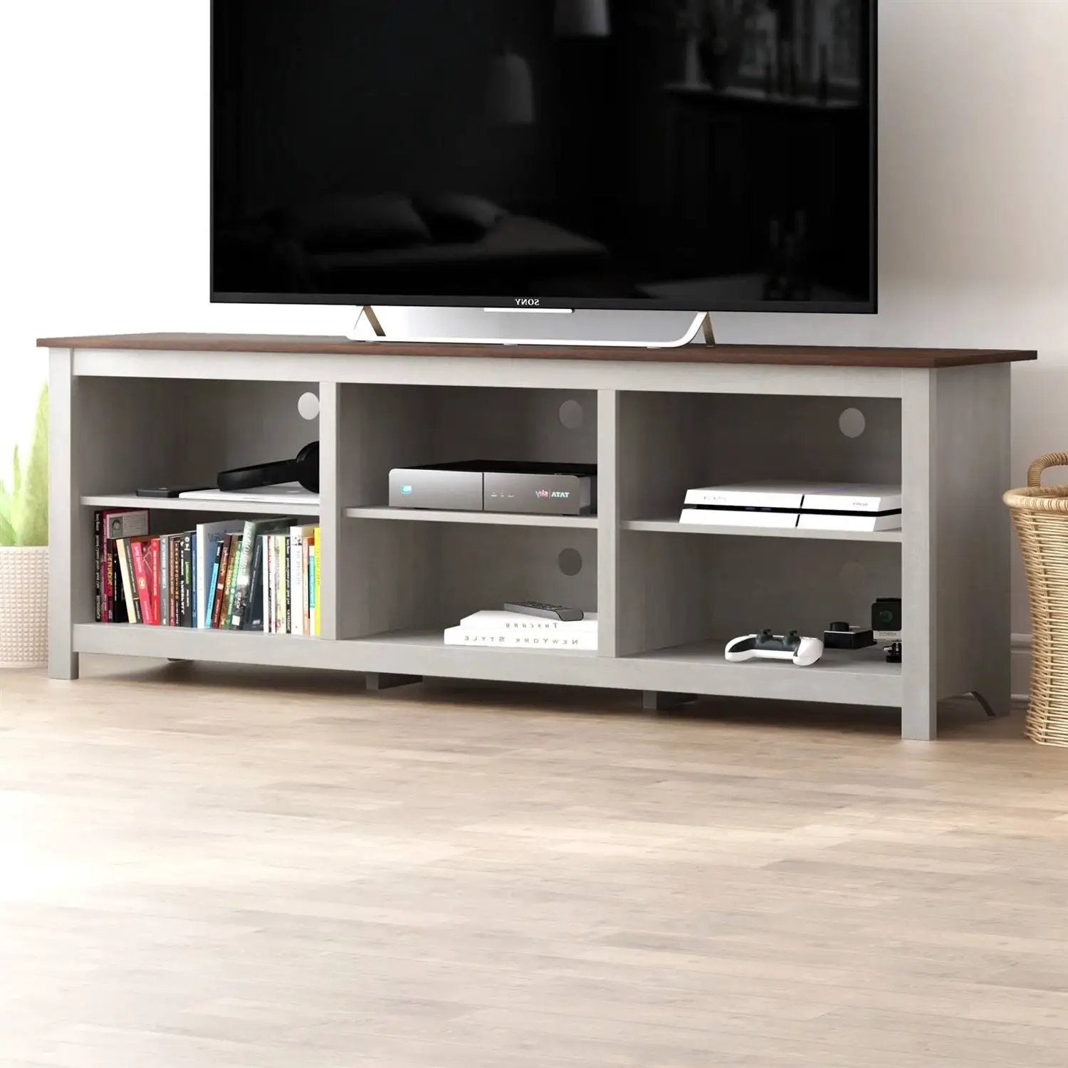 Farmhouse TV Stand in Grey Oak with Brown Wood Finish Top for TVs up to 70-inch by HomePacific