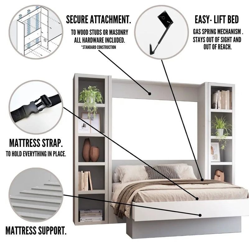Easy-Lift Queen Murphy Wall Bed in Brown Wood Grain with Two Bookshelves by Sharicks