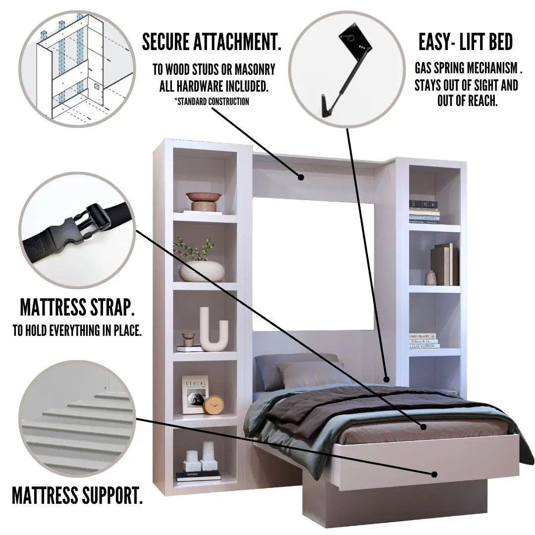 Easy-Lift Twin Murphy Wall Bed in Black with Two Bookshelves by Sharicks