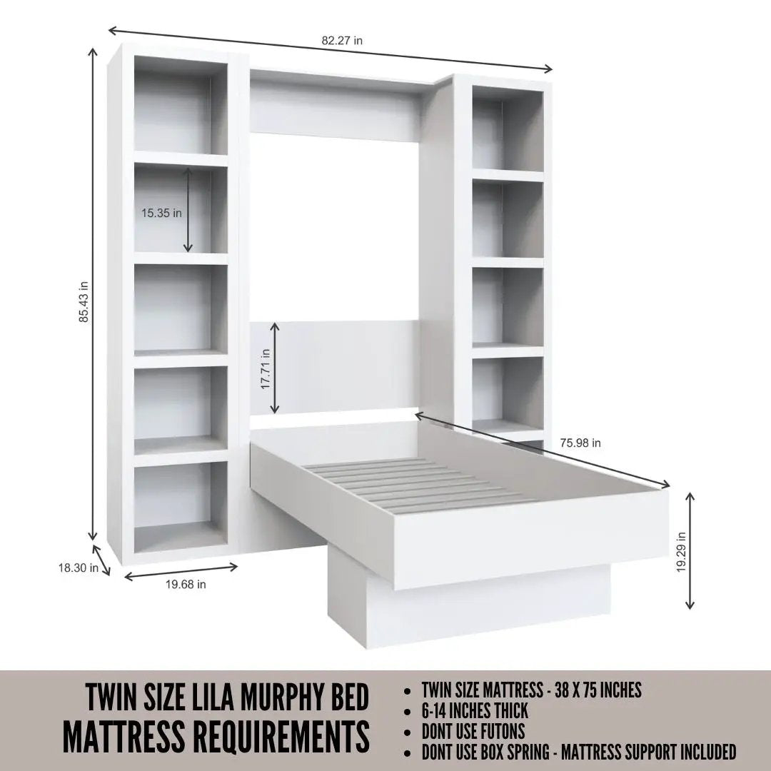 Easy-Lift Twin Murphy Wall Bed in Dark Grey with Two Bookshelves by Sharicks