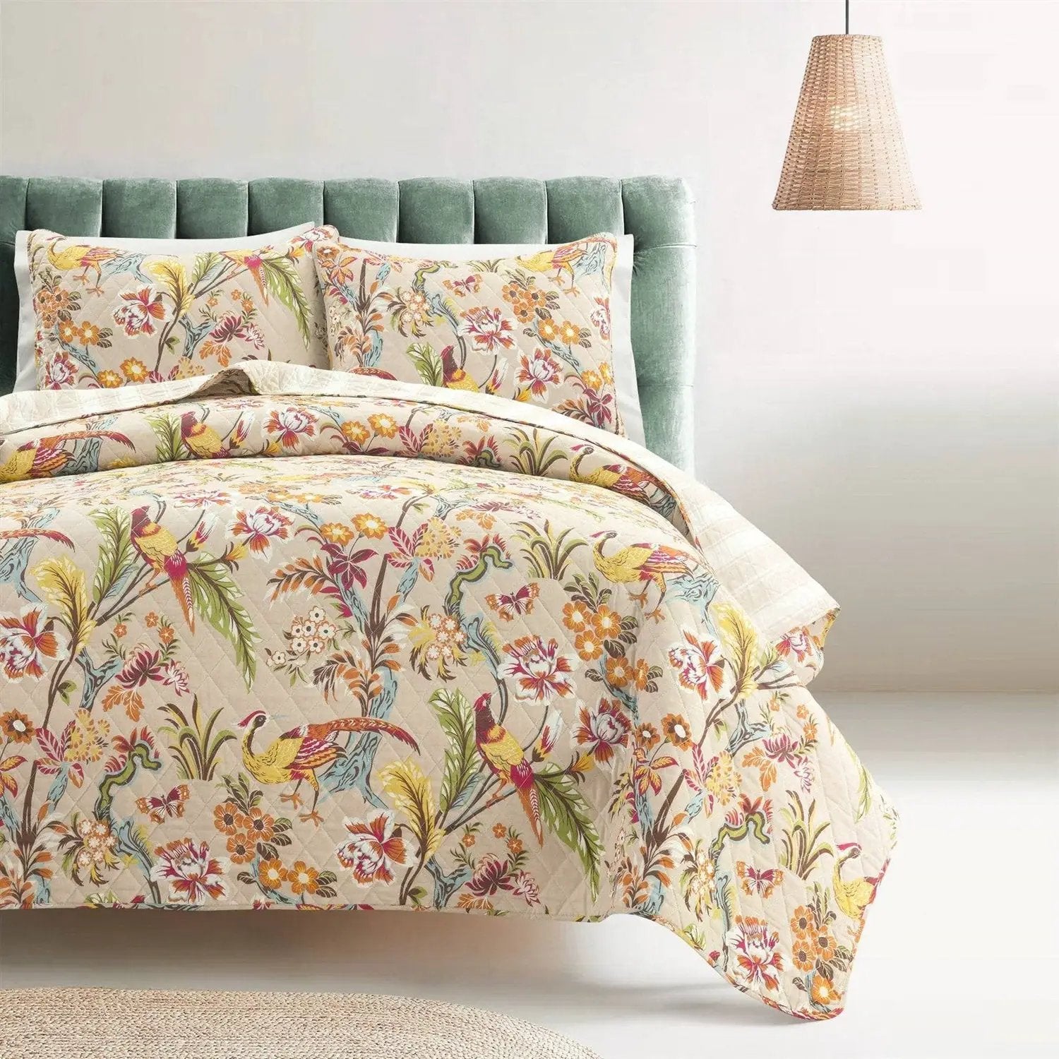 Full/Queen Size 3 PCS Lightweight Peacocks Polyester Quilt Set Tan by HomePacific