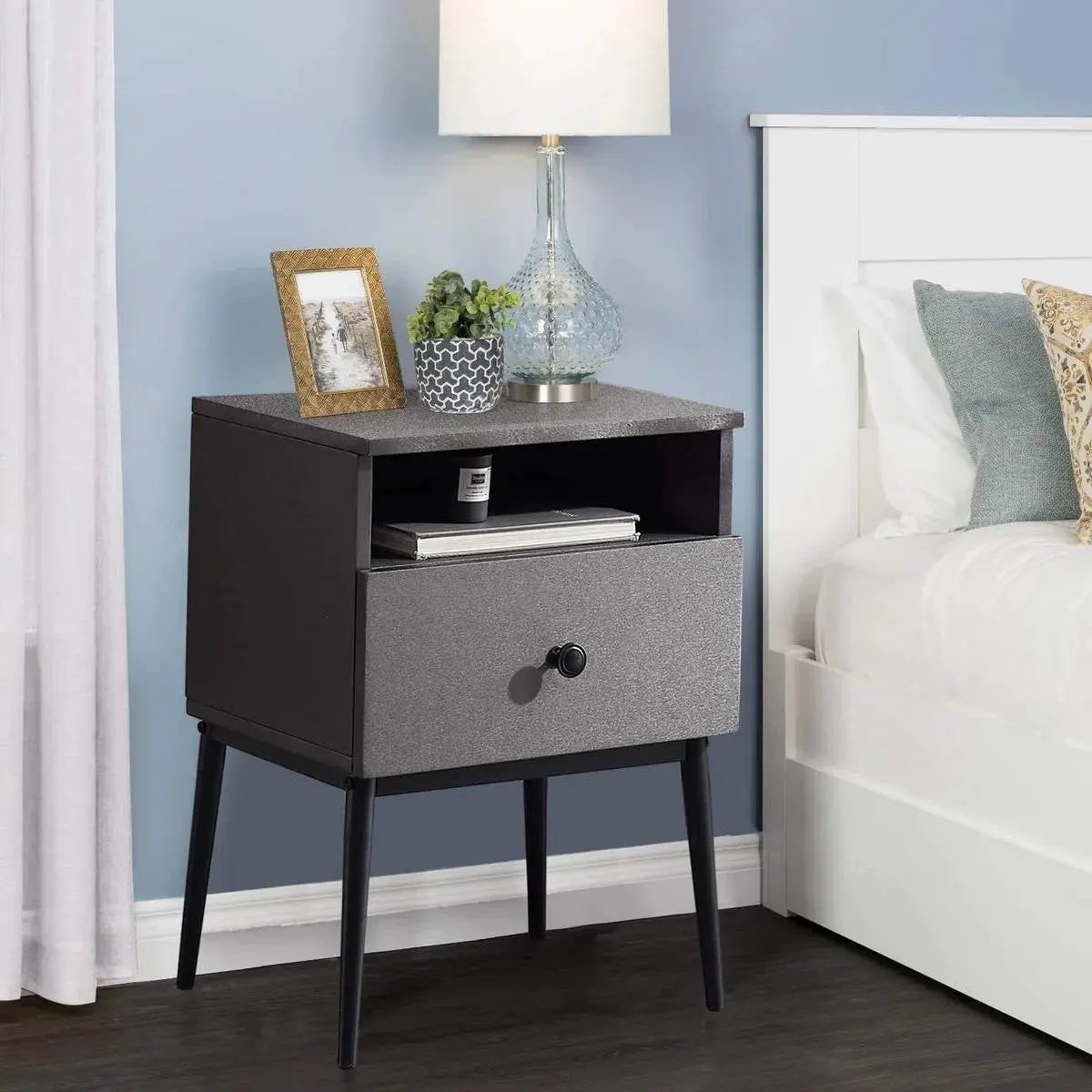Mid Century Modern End Table Nightstand in Grey Black Wood Finish by HomePacific