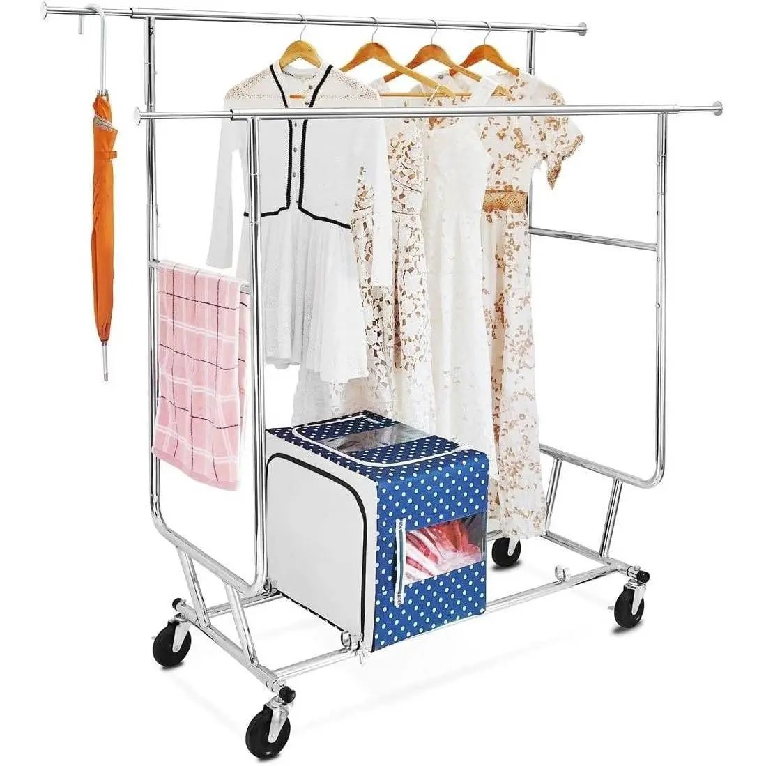 Heavy Duty Double Bar Clothes Hanging Garment Rack on Lockable Wheels by HomePacific