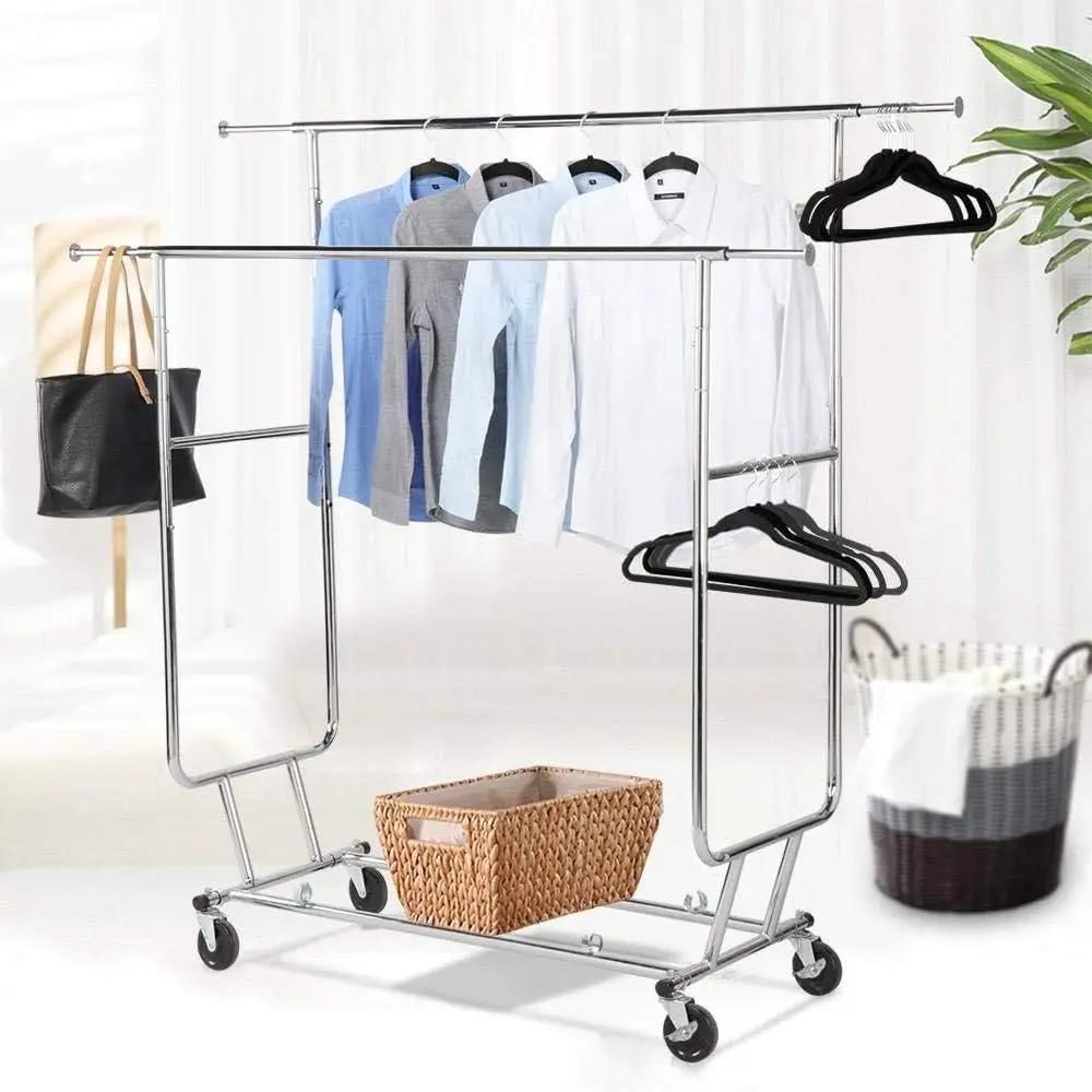 Heavy Duty Double Bar Clothes Hanging Garment Rack on Lockable Wheels by HomePacific