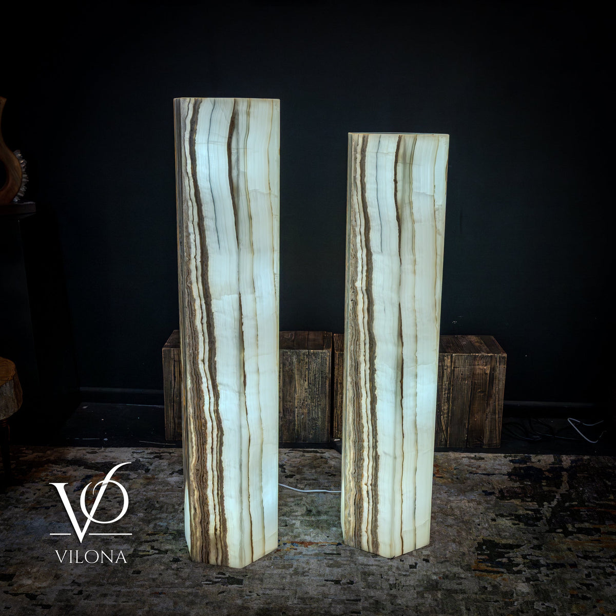 White Ice Onyx Floor Lamp - Pair - Large - 59 & 55"H x 13.5"W - Hexagon, photo 7 of 10
