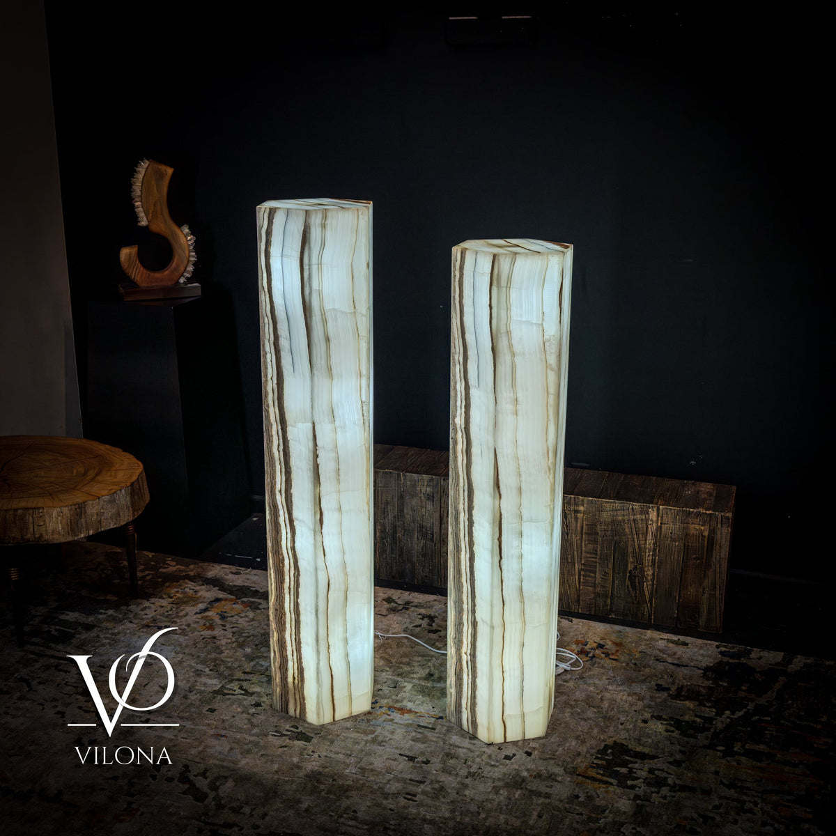 White Ice Onyx Floor Lamp - Pair - Large - 59 & 55"H x 13.5"W - Hexagon, photo 6 of 10