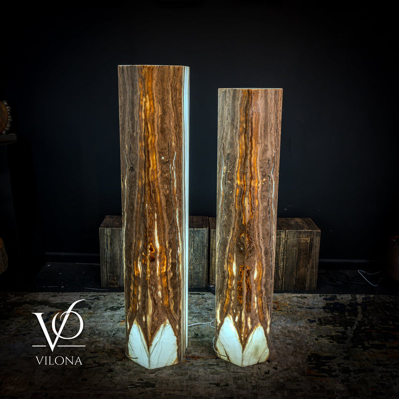 White Ice Onyx Floor Lamp - Pair - Large - 59 & 55"H x 13.5"W - Hexagon