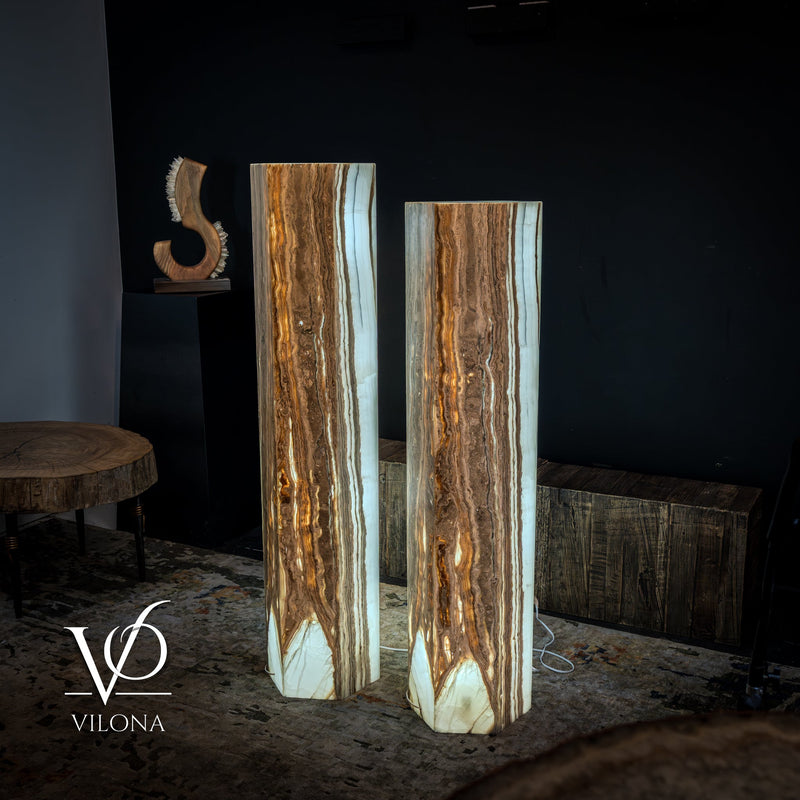 White Ice Onyx Floor Lamp - Pair - Large - 59 & 55"H x 13.5"W - Hexagon, photo 3 of 10