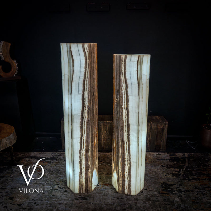 White Ice Onyx Floor Lamp - Pair - Large - 59 & 55"H x 13.5"W - Hexagon, photo 2 of 10