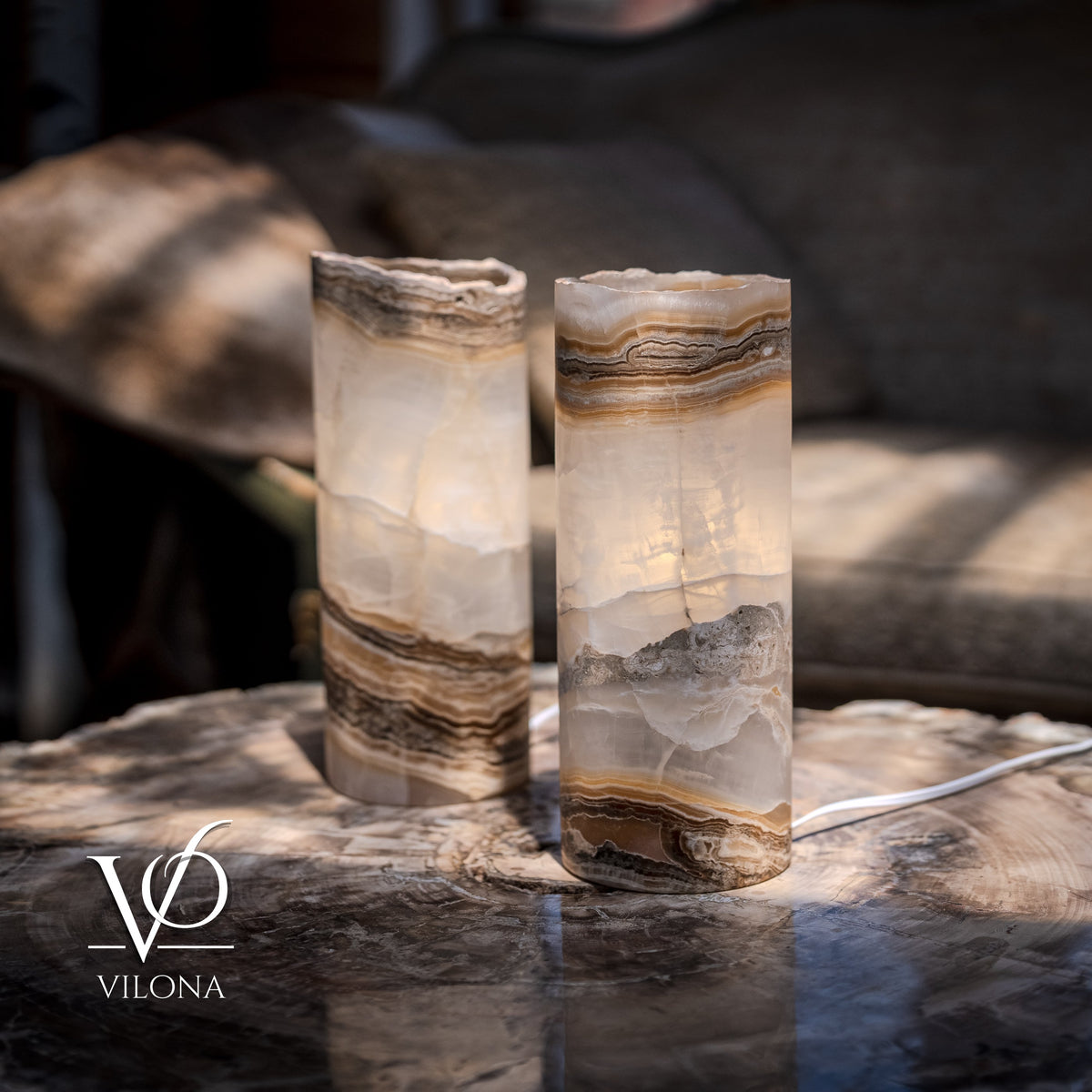 White Ice Onyx - 12" Tall, x 4.5" Diameter (Small Live Edge Table Lamp Pair #2), photo 2 of 10
