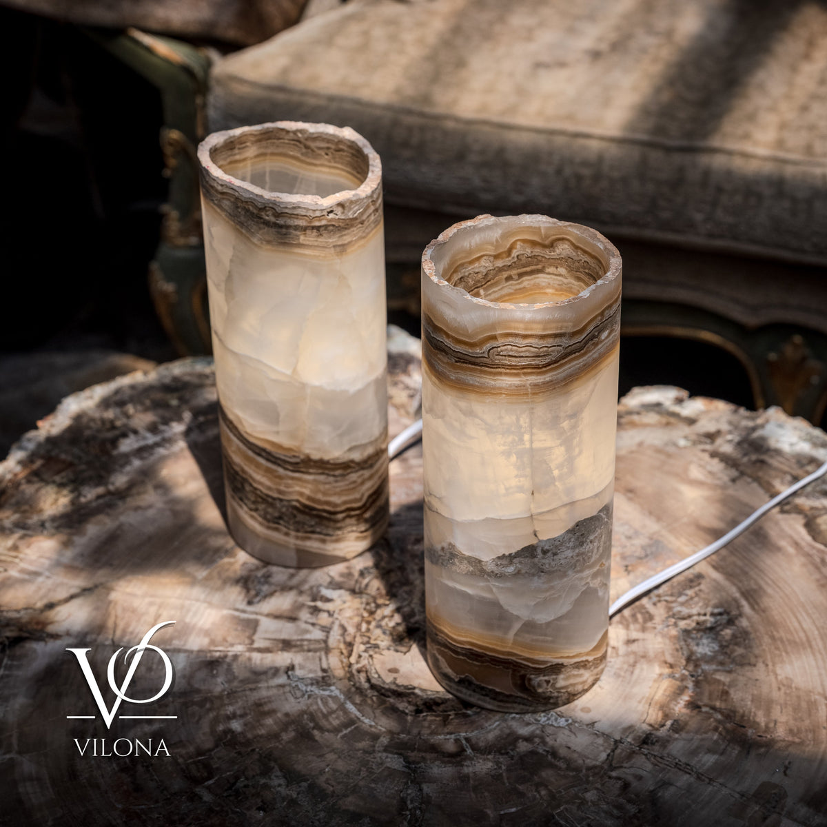 White Ice Onyx - 12" Tall, x 4.5" Diameter (Small Live Edge Table Lamp Pair #2), photo 4 of 10