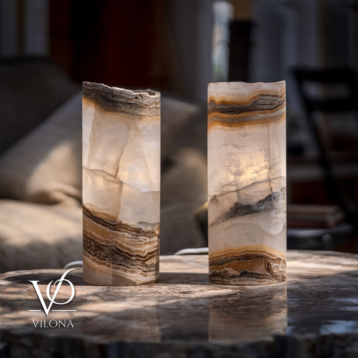 White Ice Onyx - 12" Tall, x 4.5" Diameter (Small Live Edge Table Lamp Pair #2), photo 6 of 10