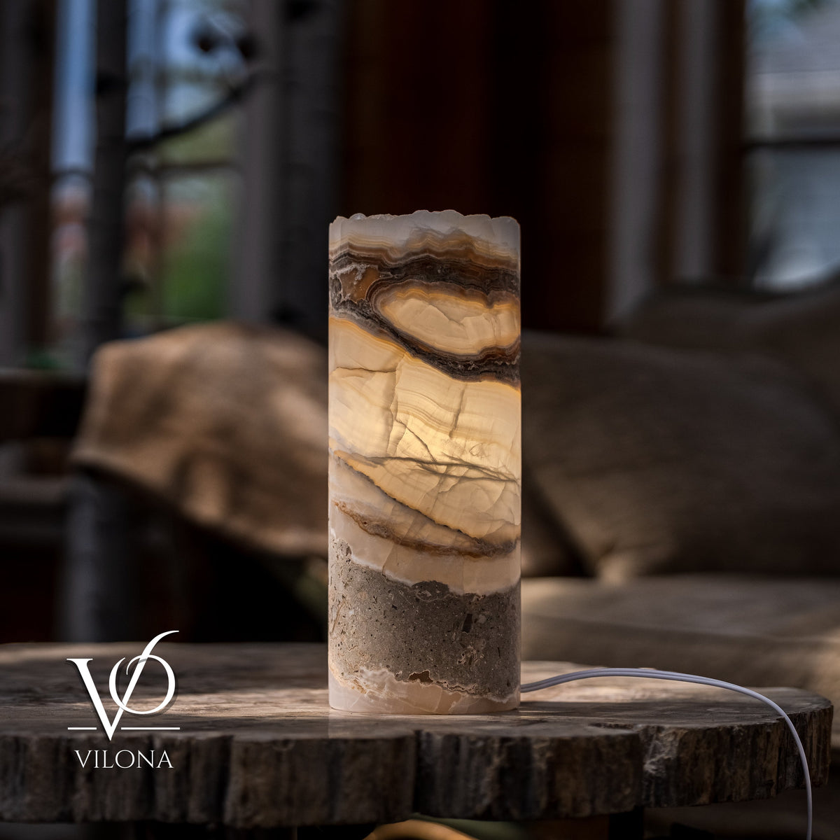 White Ice Onyx - 12" Tall, x 4.5" Diameter (Small Live Edge Table Lamp #2), photo 2 of 9