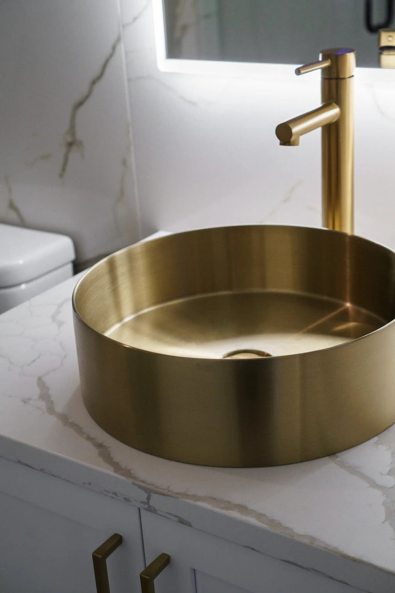 Zeek 14” Gold Round Vessel Bathroom Sink Stainless Steel PVD Nano Tech Coating ZN-G144 by ZEEK