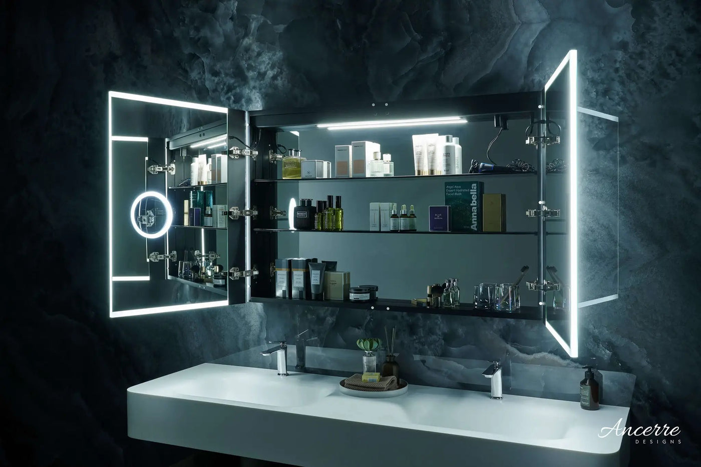 Pagani LED Mirror Cabinet with Defogger, Dimmer, Magnifier & USB outlet by Ancerre Designs