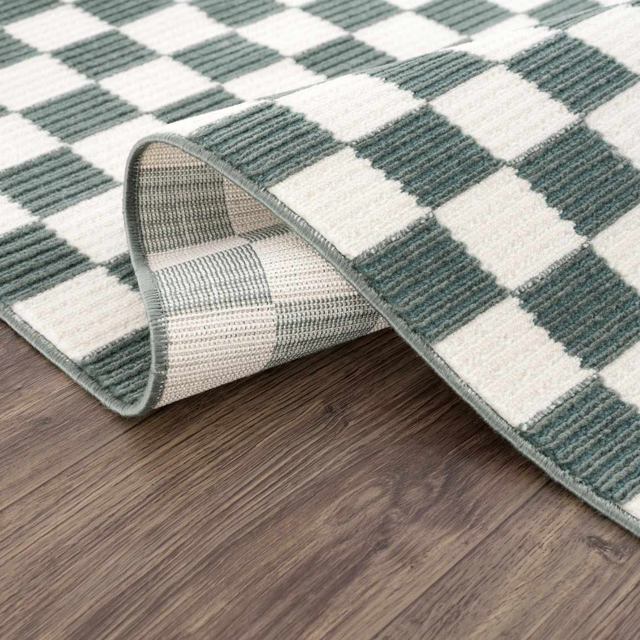 Kaysar Oil Green Checkered Washable Area Rug by Boutique Rugs