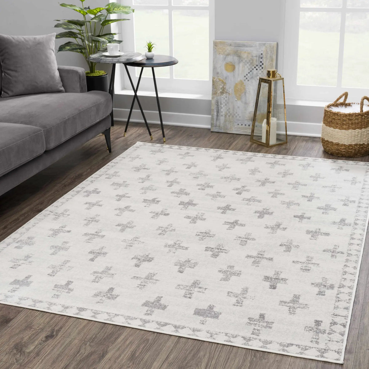 Tigris Swiss Cross Ivory & Gray 2322 Area Rug by Hauteloom