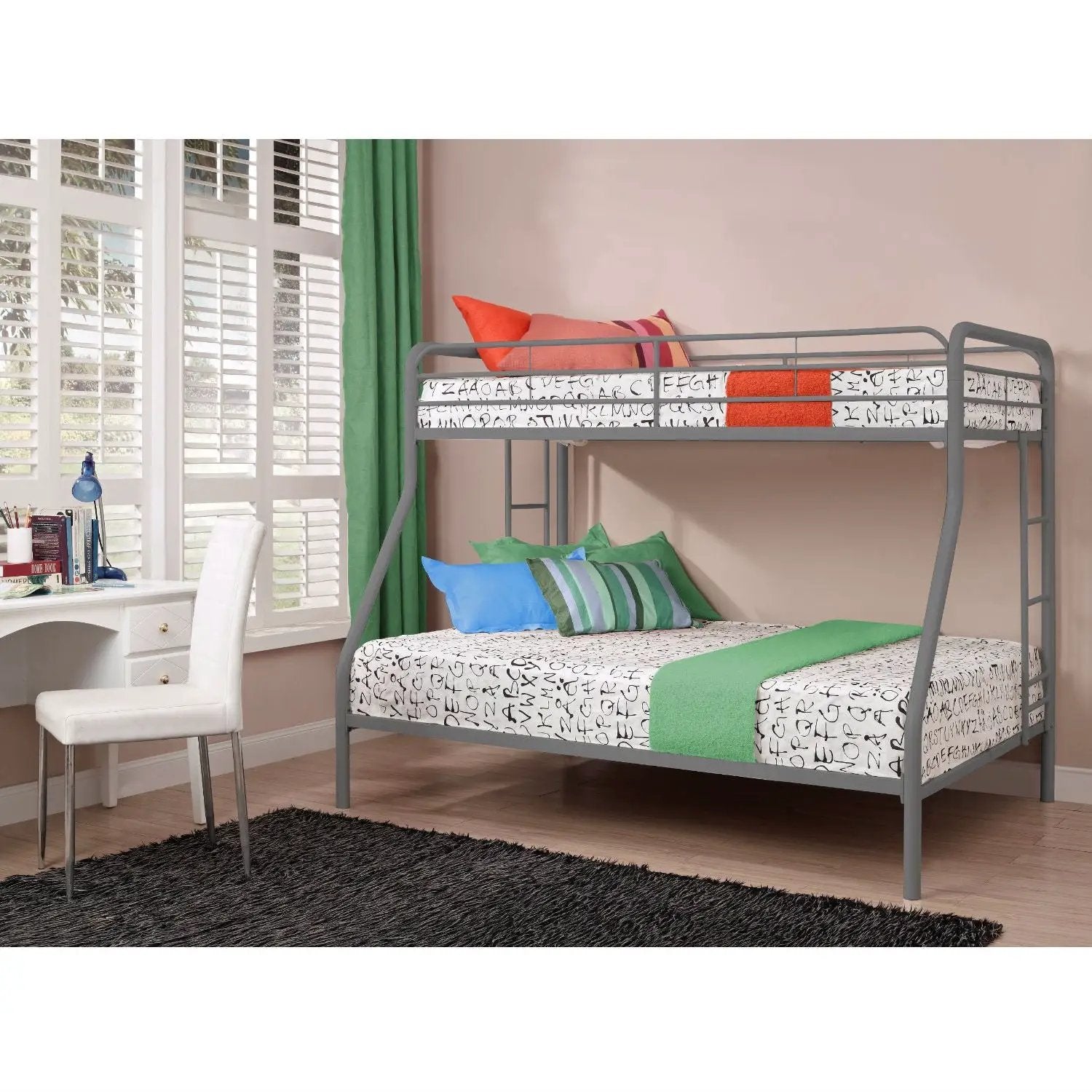 Twin over Full size Sturdy Metal Bunk Bed in Silver Finish by HomePacific