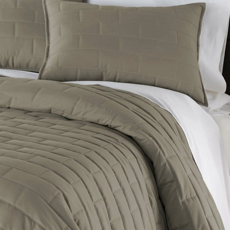 King/Cal King Modern Brick Stitch Microfiber Reversible 3 Piece Comforter Set in Taupe by HomePacific