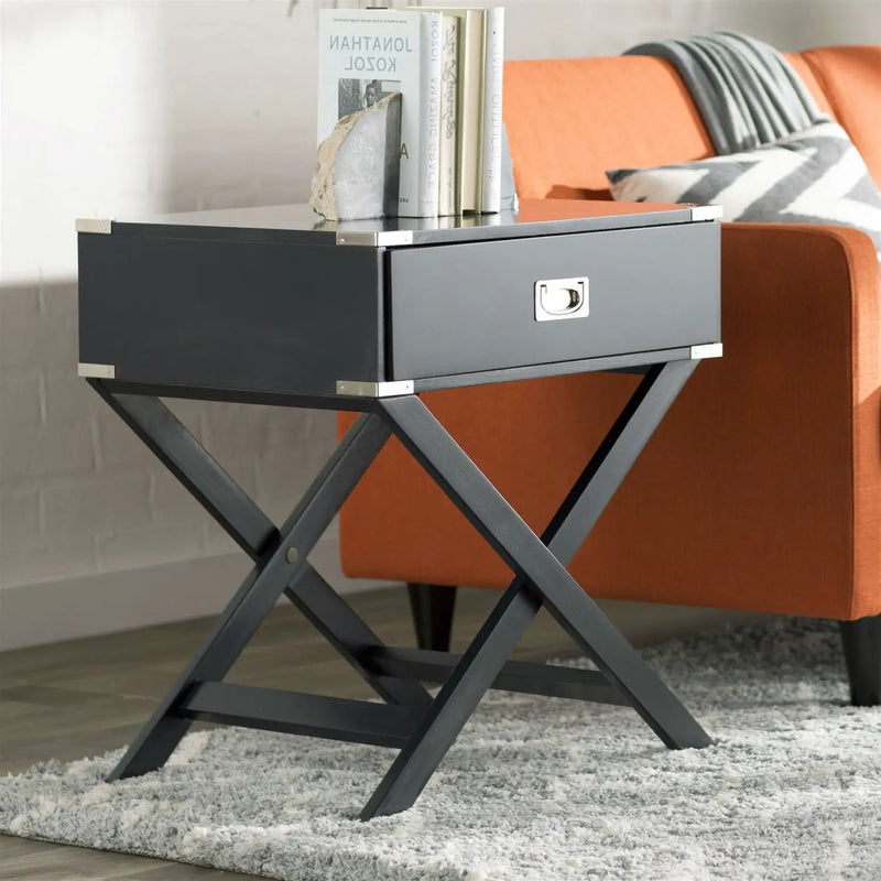 Dark Grey Black 1-Drawer End Table Nightstand with Modern Classic X Style Legs by HomePacific