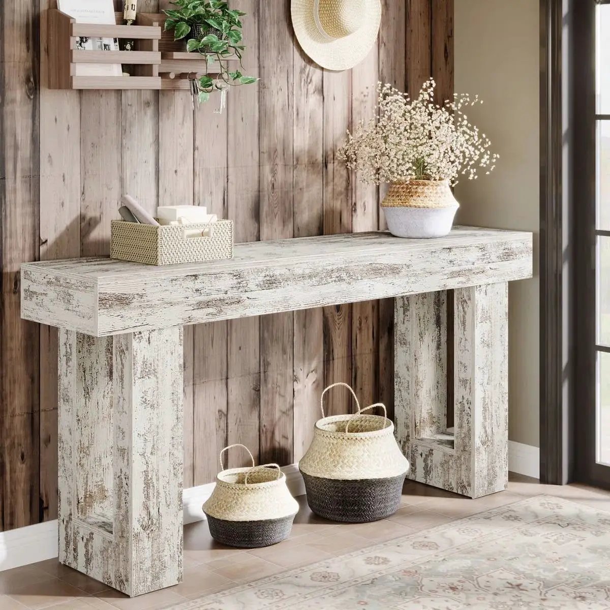 Modern Farmhouse 63-inch Console Sofa Table in Rustic White Wood Finish by HomePacific