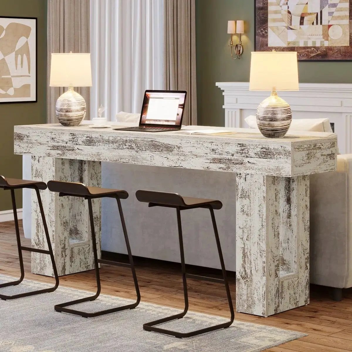 Modern Farmhouse 63-inch Console Sofa Table in Rustic White Wood Finish by HomePacific
