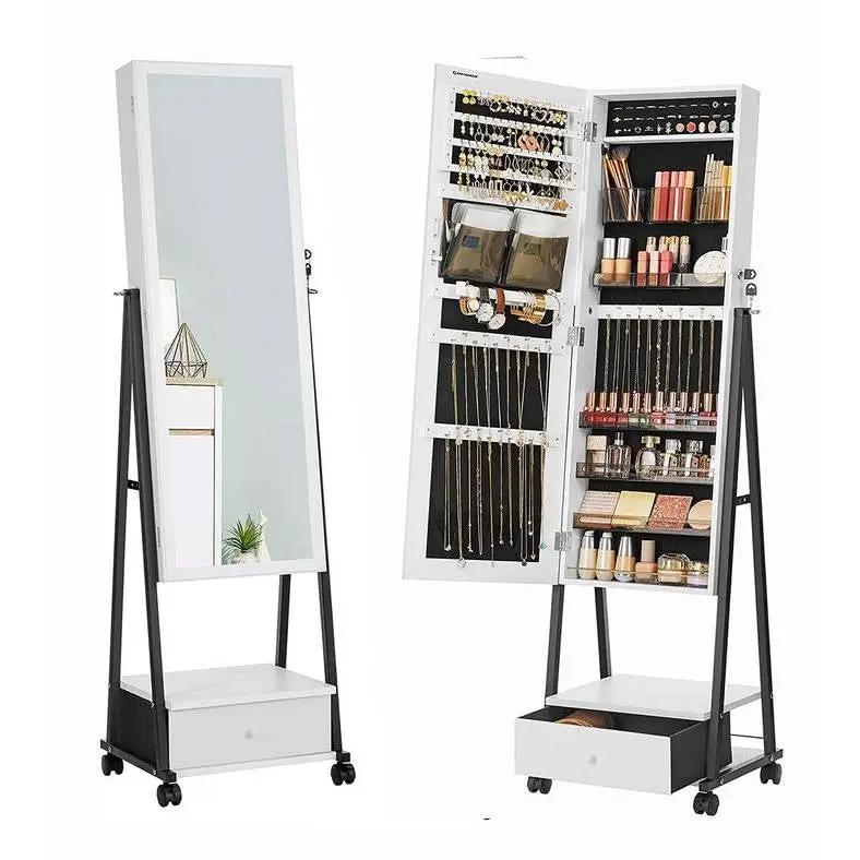 Modern Black Metal White Wood Jewelry Armoire Cabinet Organizer Mirror on Wheels by HomePacific