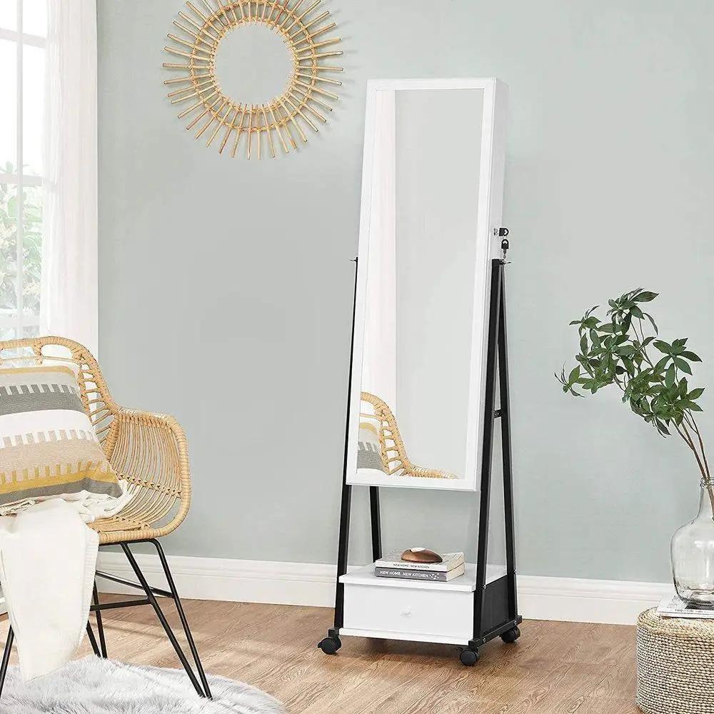 Modern Black Metal White Wood Jewelry Armoire Cabinet Organizer Mirror on Wheels by HomePacific