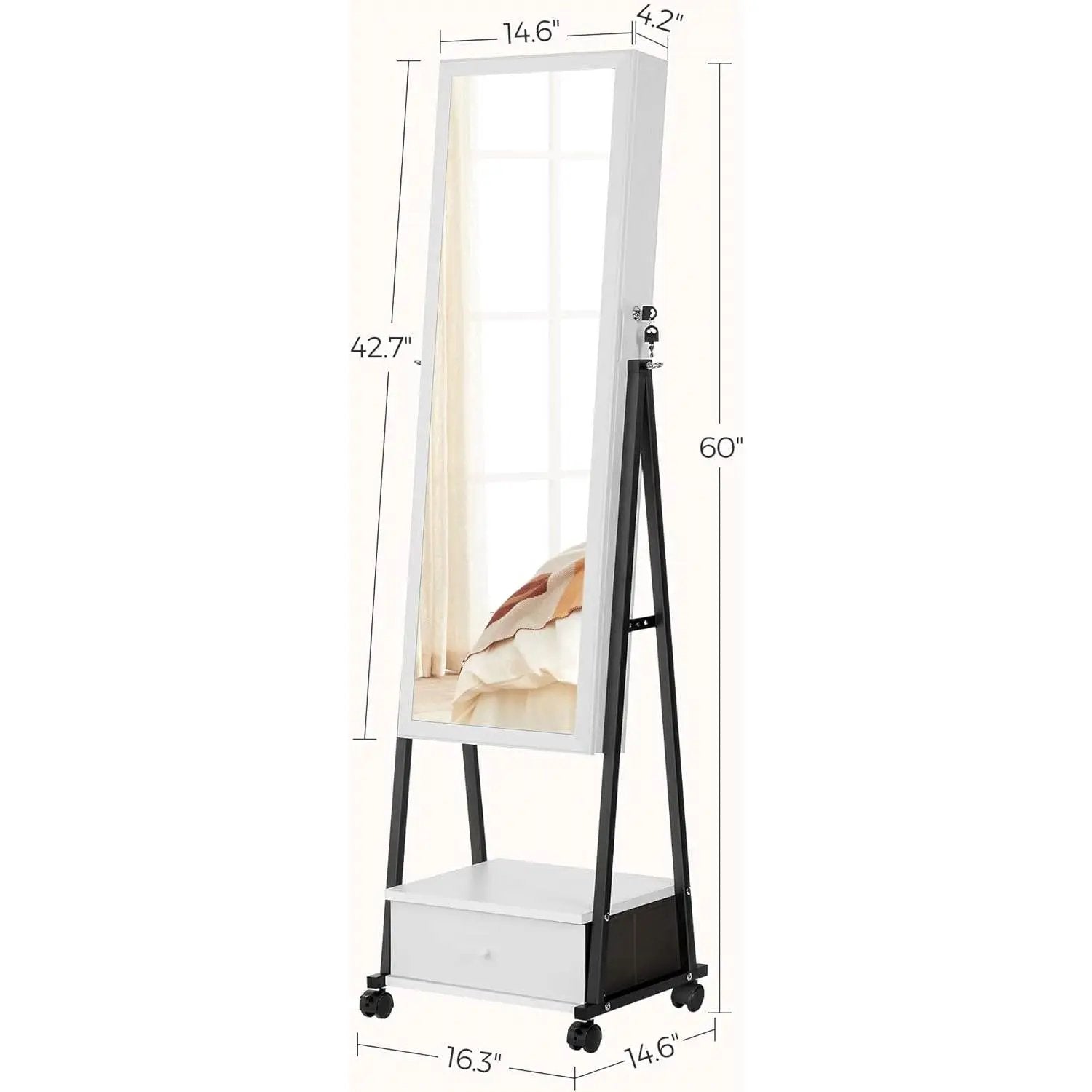 Modern Black Metal White Wood Jewelry Armoire Cabinet Organizer Mirror on Wheels by HomePacific