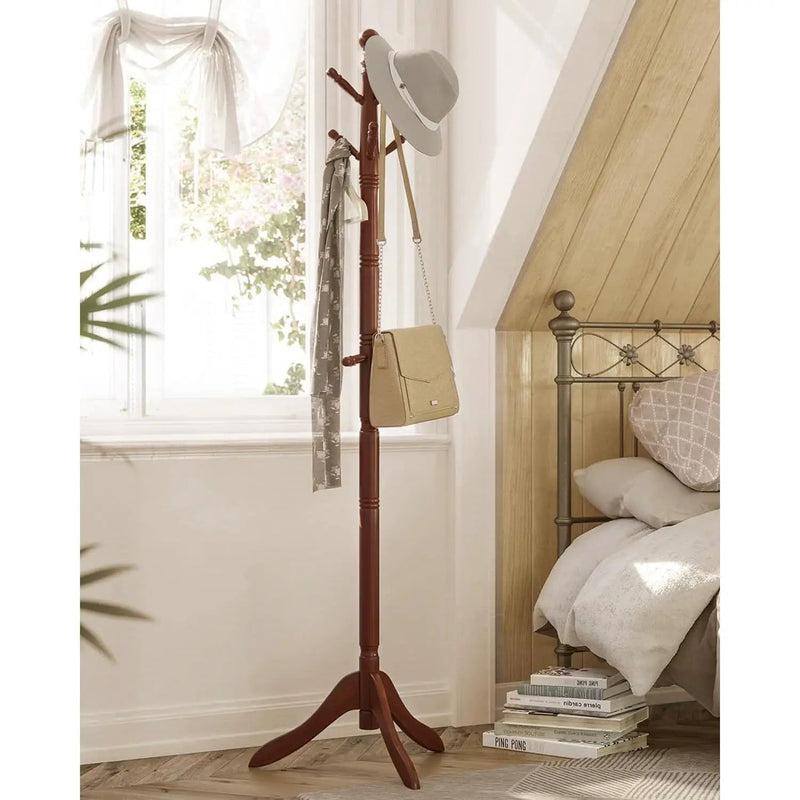 Adjustable Height Solid Wood Coat Rack with 10 Hooks in Dark Brown Finish by HomePacific