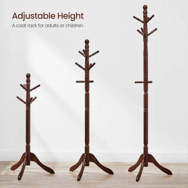 Adjustable Height Solid Wood Coat Rack with 10 Hooks in Dark Brown Finish by HomePacific