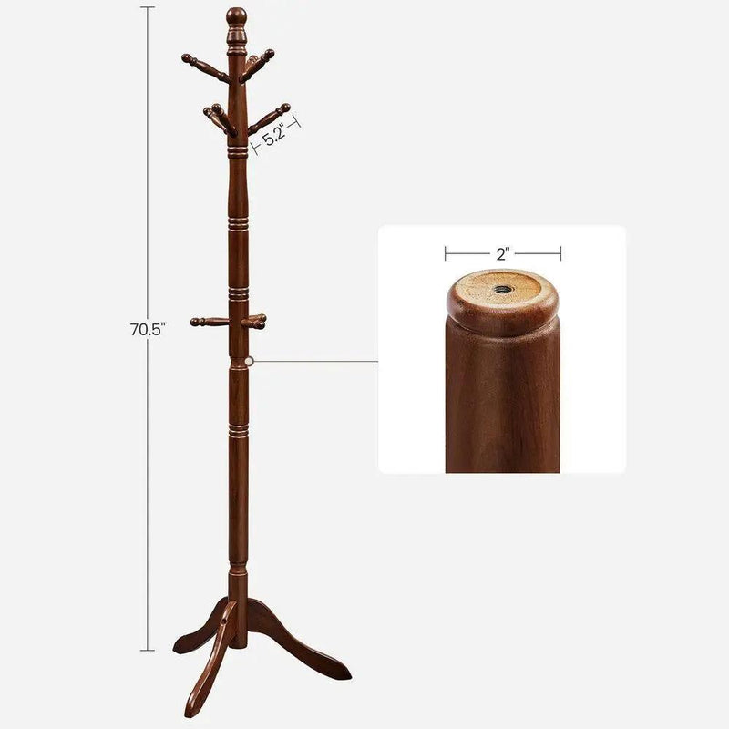 Adjustable Height Solid Wood Coat Rack with 10 Hooks in Dark Brown Finish by HomePacific
