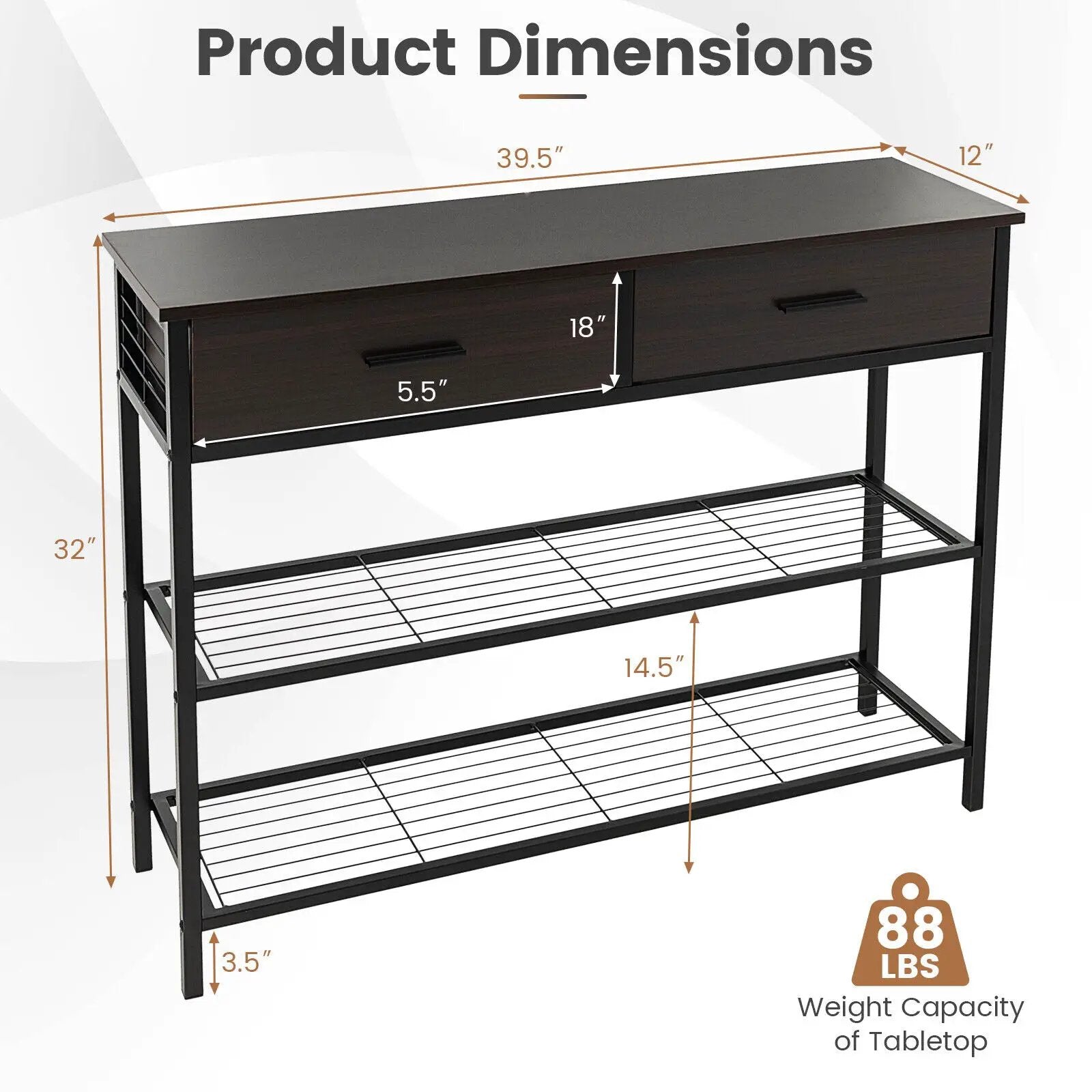 39.5 Inch Entryway Table with 2 Drawers and 2-Tier Shelves by DirectDeals