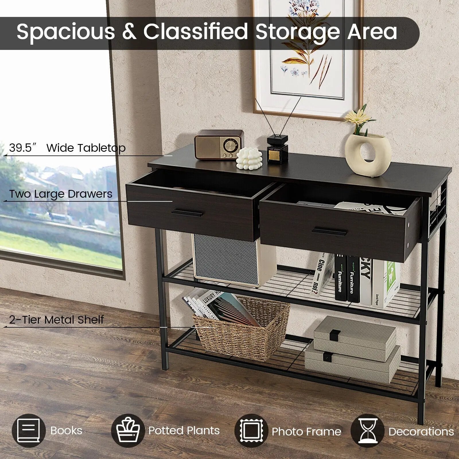 39.5 Inch Entryway Table with 2 Drawers and 2-Tier Shelves by DirectDeals