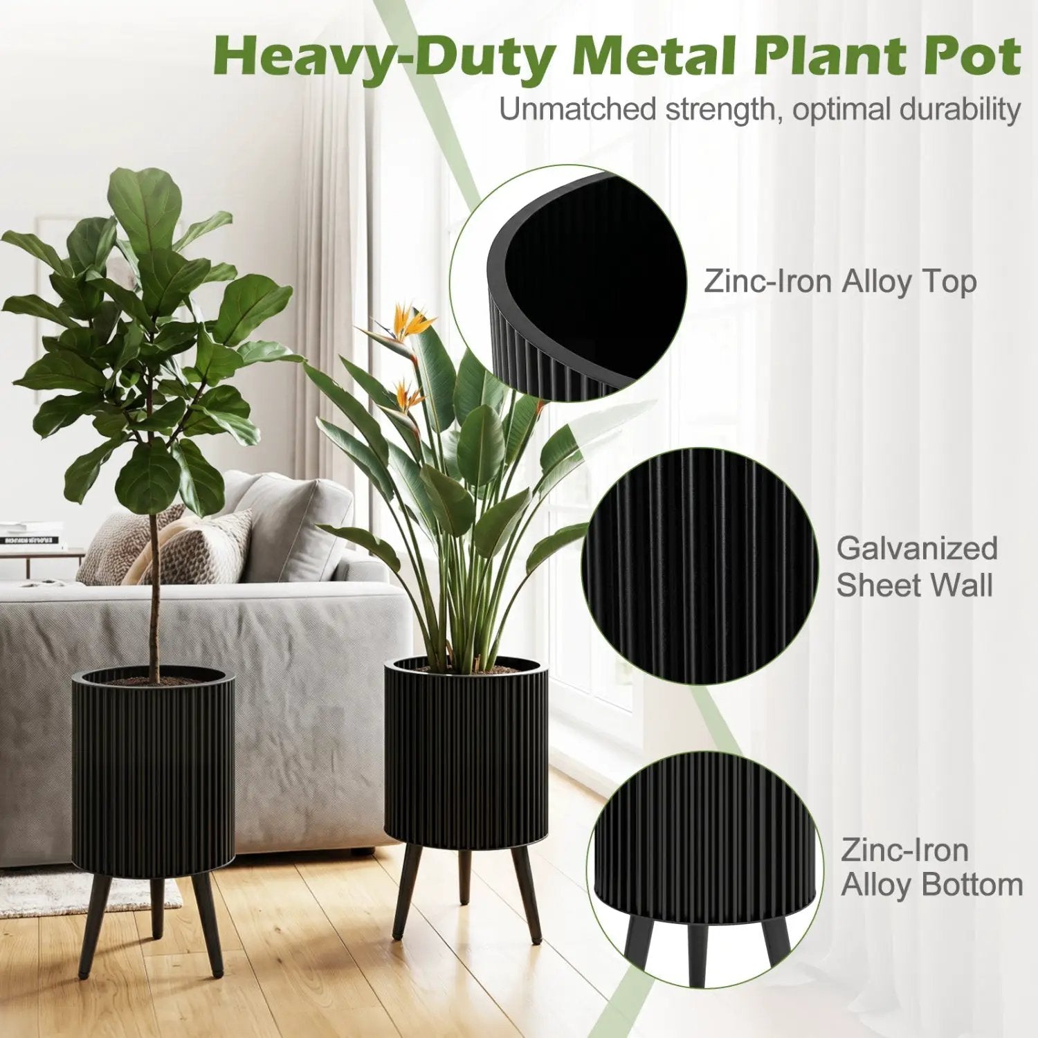 Fluted Metal Planter Pots with Stand Set of 2 by DirectDeals