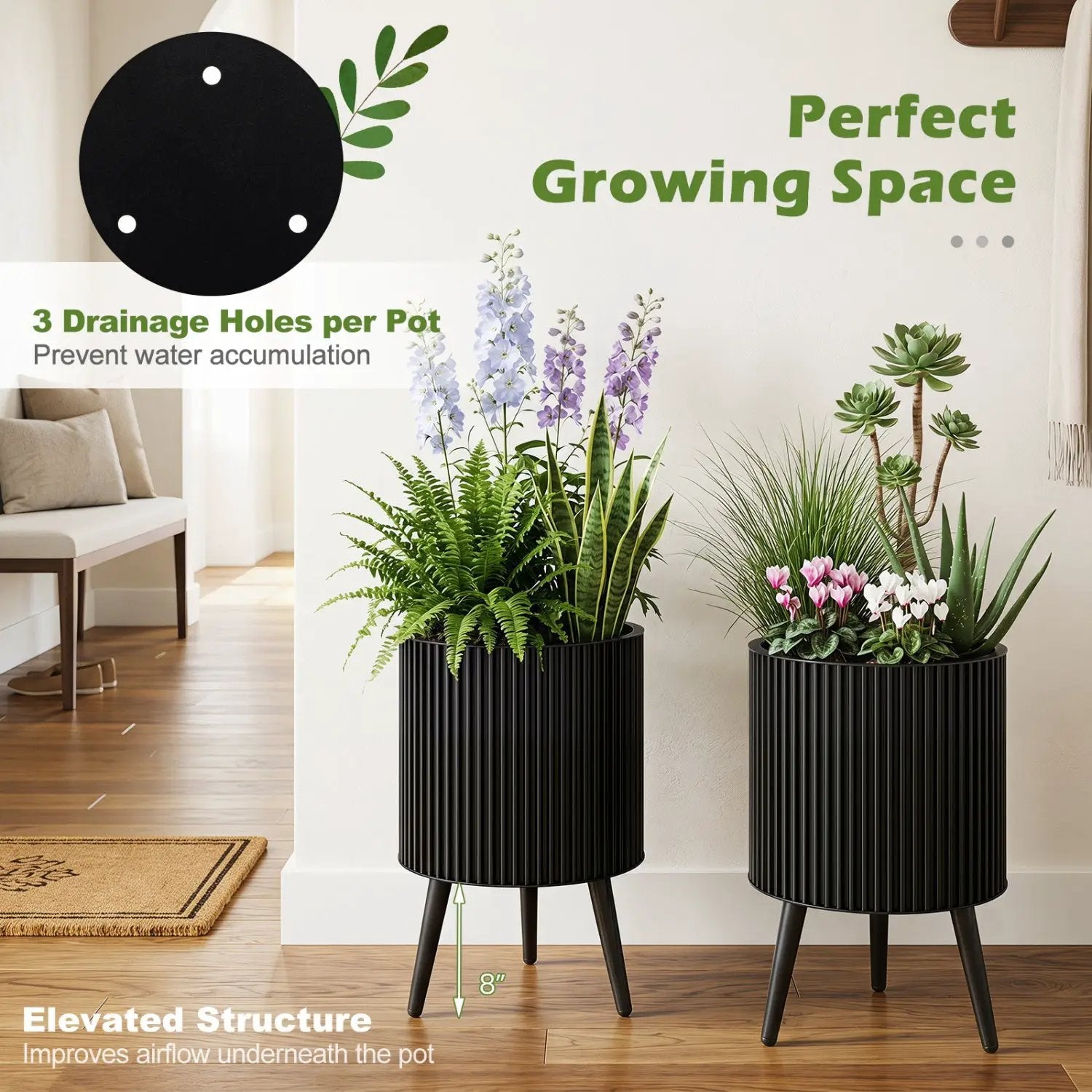 Fluted Metal Planter Pots with Stand Set of 2 by DirectDeals