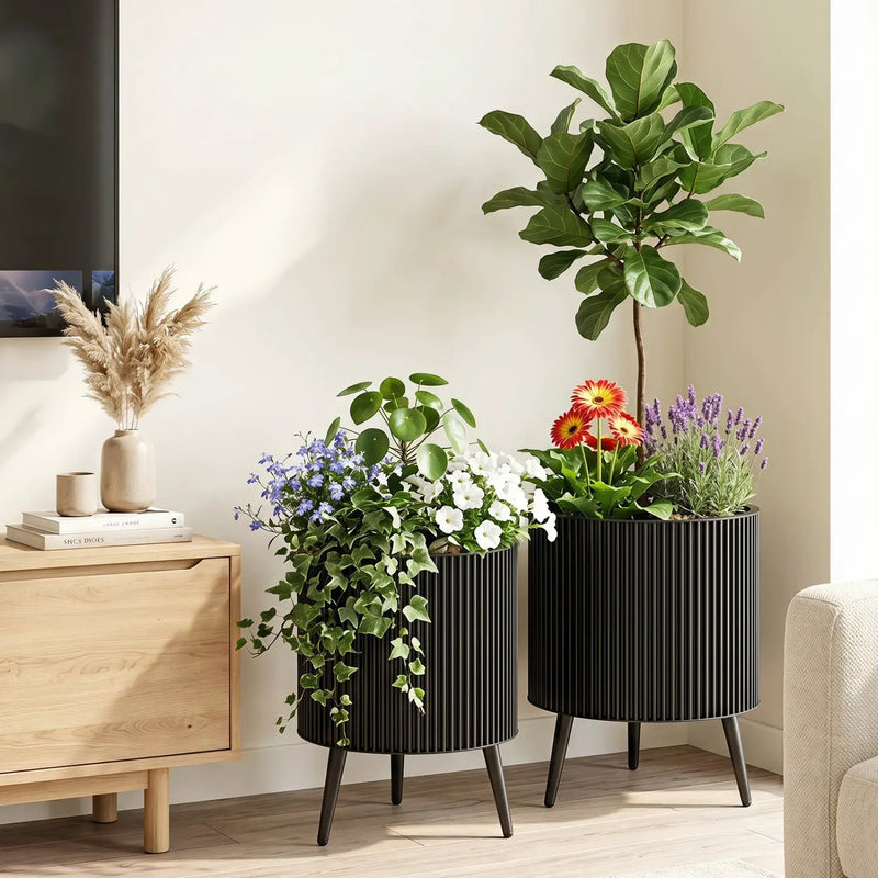 Fluted Metal Planter Pots with Stand Set of 2 by DirectDeals