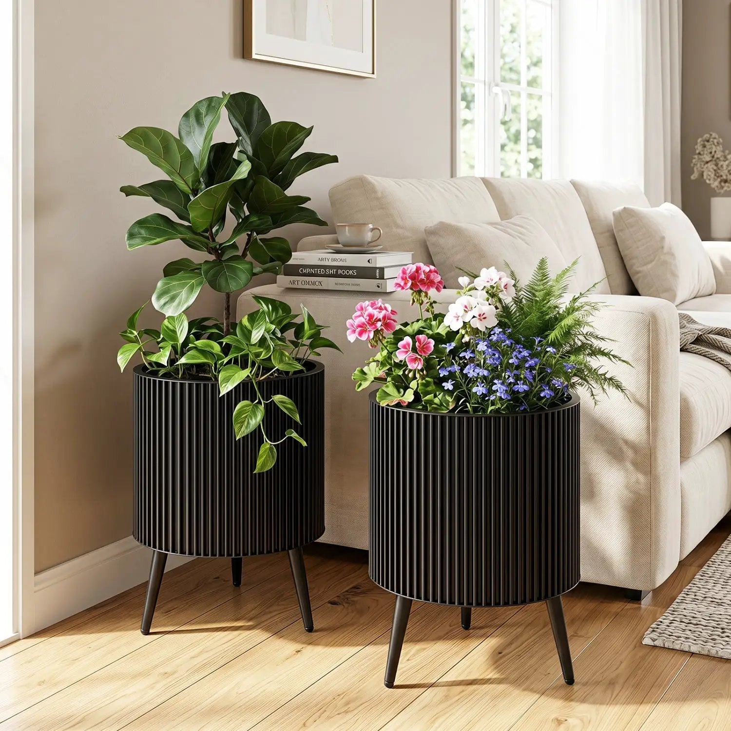 Fluted Metal Planter Pots with Stand Set of 2 by DirectDeals