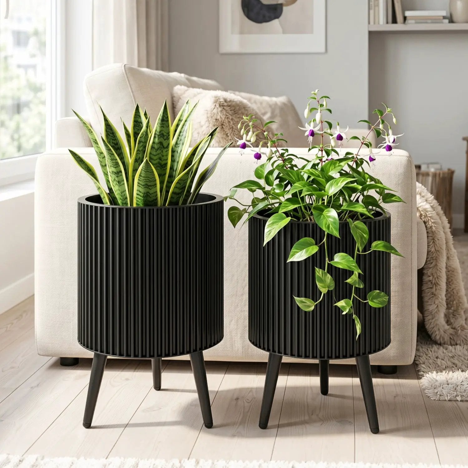 Fluted Metal Planter Pots with Stand Set of 2 by DirectDeals