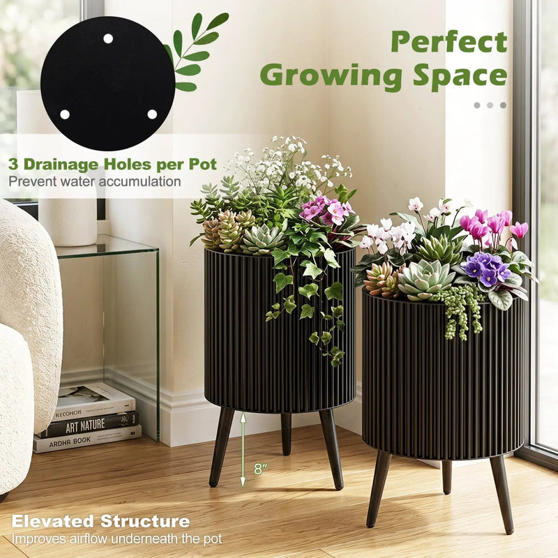Fluted Metal Planter Pots with Stand Set of 2 by DirectDeals