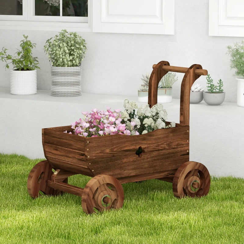 Decorative Wooden Wagon Cart with Handle Wheels and Drainage Hole-Rustic Brown by DirectDeals