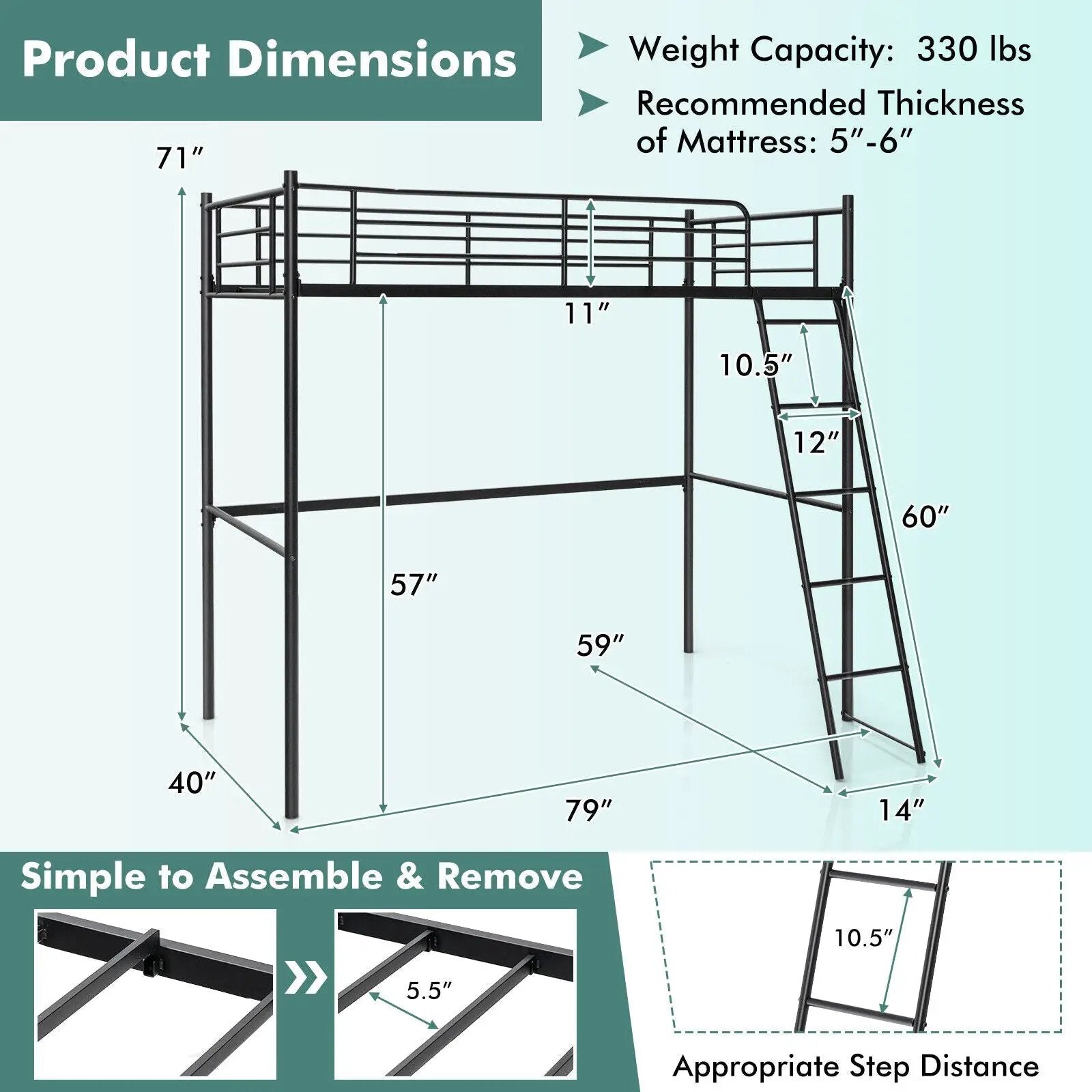 Twin Metal Loft Bed with Ladderand High Guard Rails by DirectDeals