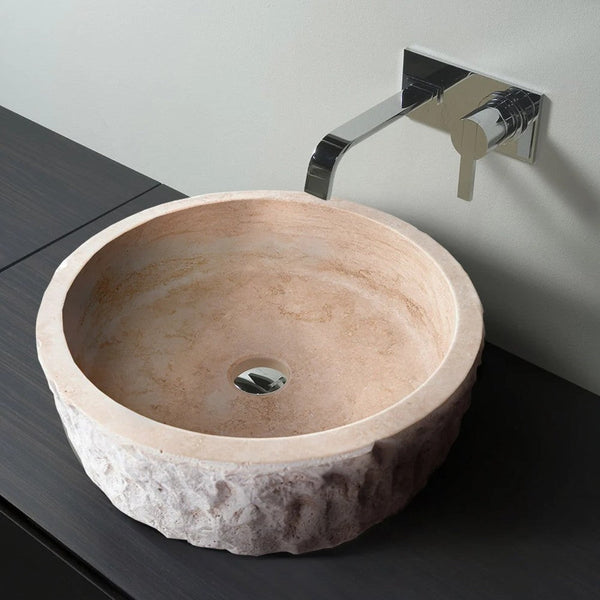 Denizli Beige Travertine Vessel Sink Rustic Hand Chiseled Exterior Honed Interior D16