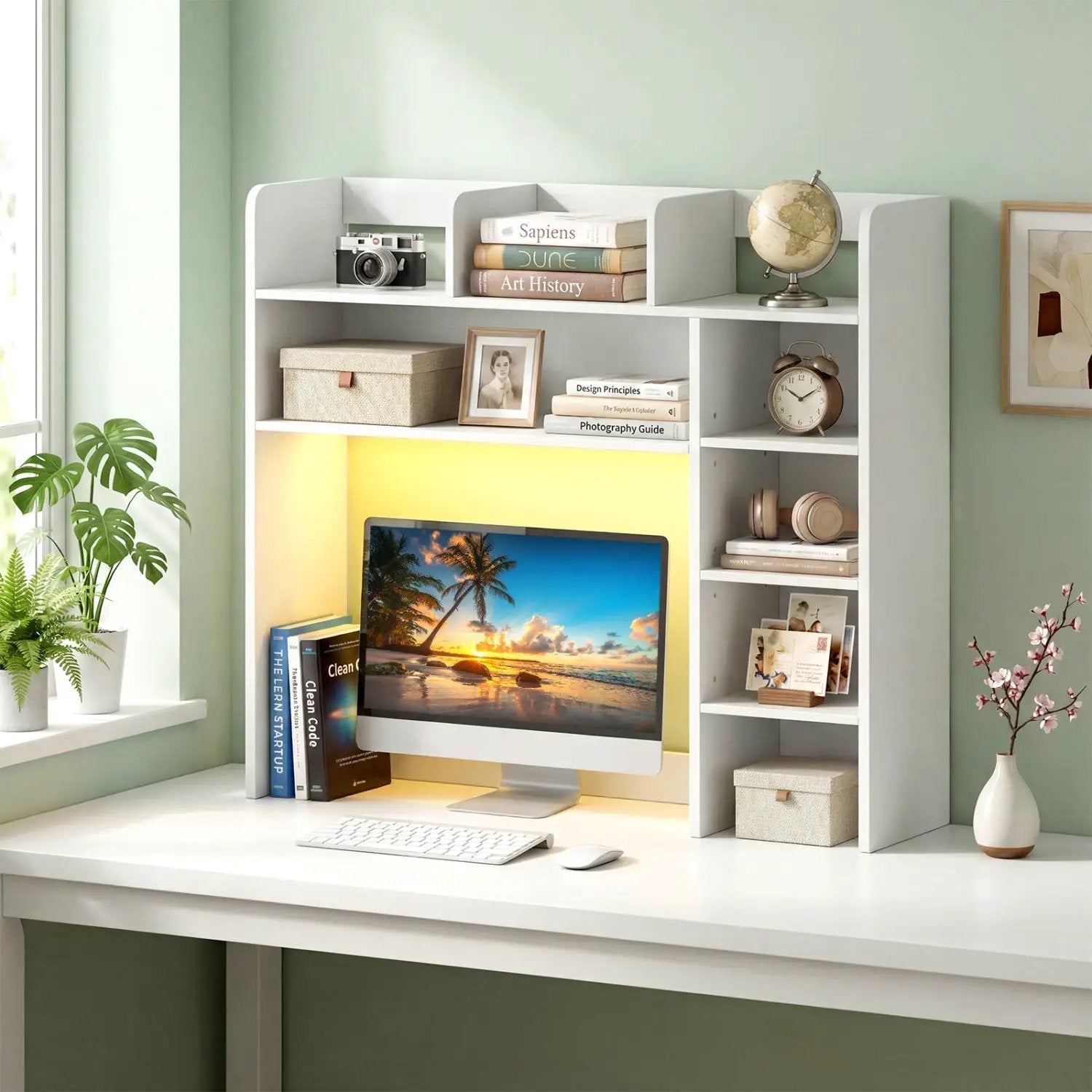 Desktop Bookshelf with LED Lights 35.5" Desk Hutch Organizer by DirectDeals