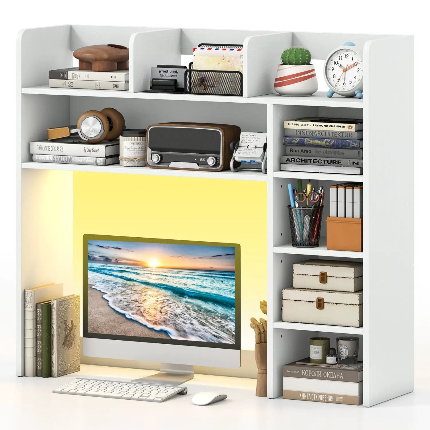 Desktop Bookshelf with LED Lights 35.5" Desk Hutch Organizer by DirectDeals