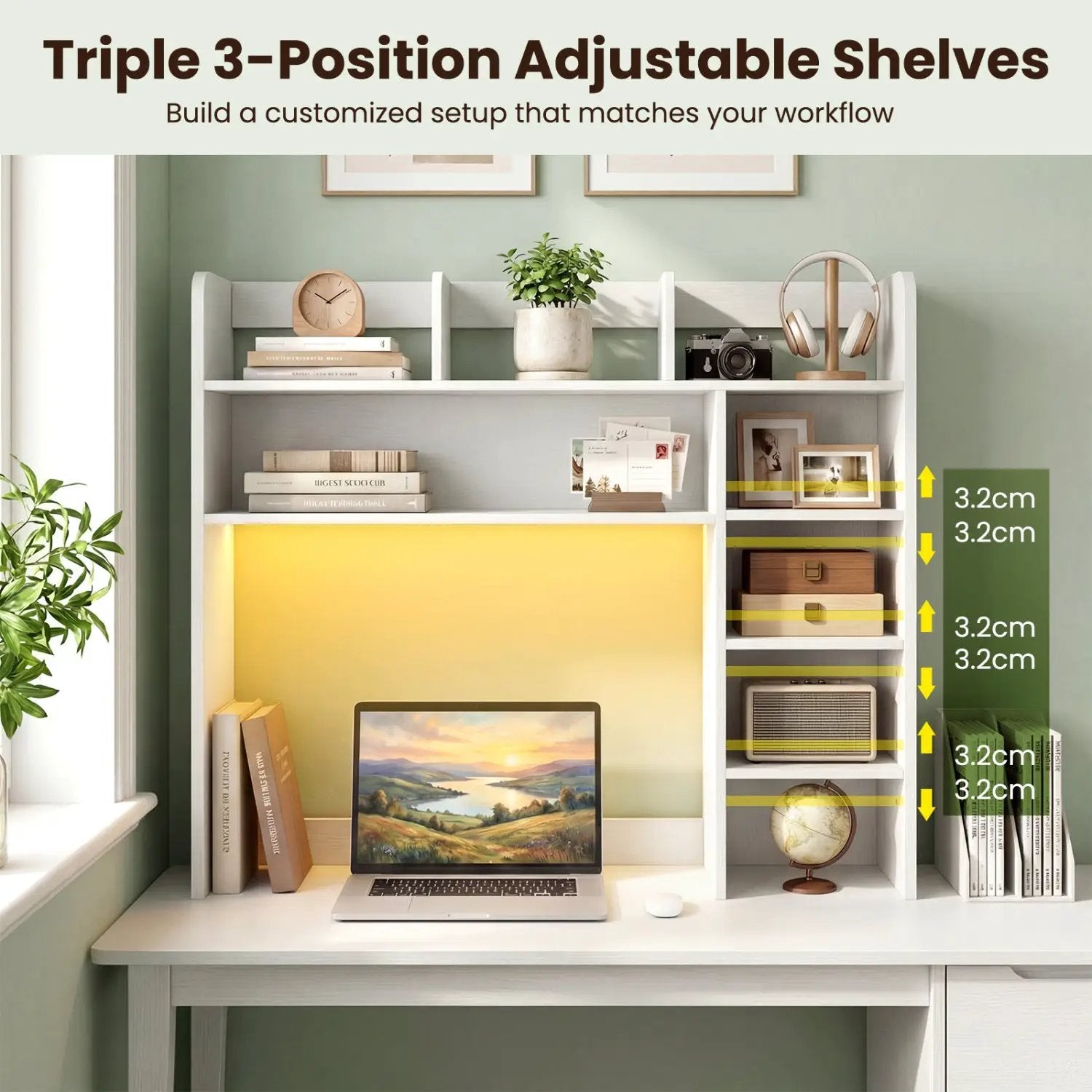 Desktop Bookshelf with LED Lights 35.5" Desk Hutch Organizer by DirectDeals