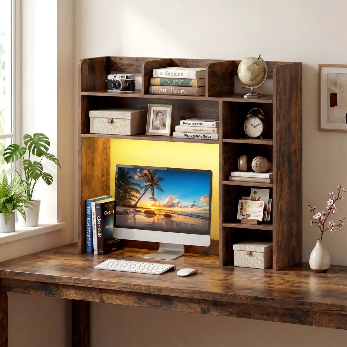 Desktop Bookshelf with LED Lights 35.5" Desk Hutch Organizer by DirectDeals